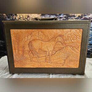 Elegant Brown Leather Hand Tooled Briefcase, Travel Bag, Horse Flower Design